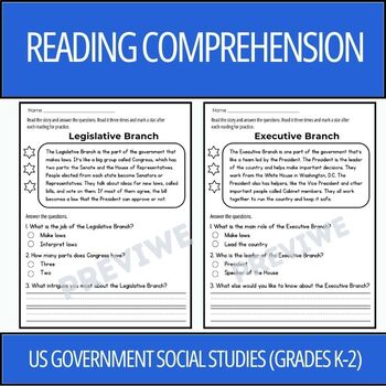 Preview of US Government - Reading Comprehension Passages and Questions (Grades K-2)