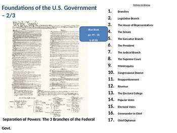 Preview of U.S. Government: Separation of Powers into the 3 Branches