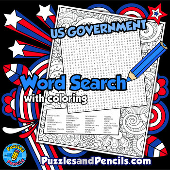 Preview of US Government Word Search Puzzle Activity Page with Coloring | Civics