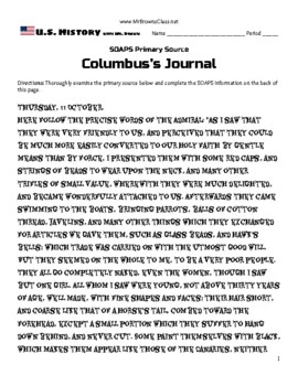 Preview of US History 8th Unit 01 European Exploration SOAPS Primary Source Columbus Journa