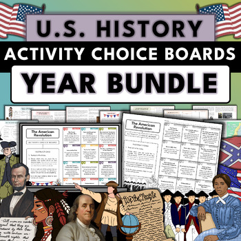 Preview of YEAR BUNDLE! US History Activity Choice Boards Grades 4, 5, 6, 7 Social Studies