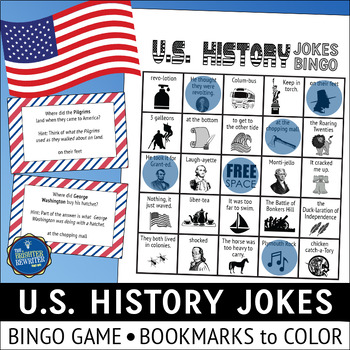 Preview of US History Jokes Bingo Game and Bookmarks To Color