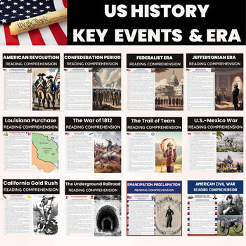Preview of US History Key Events Reading Comprehension Bundle |  US Full History