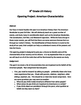 Preview of US History Opening Project - American Characteristics