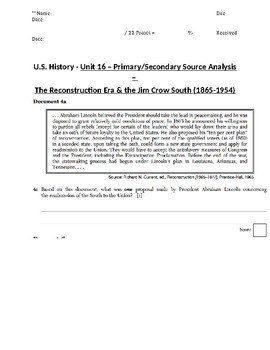 Preview of U.S. - Primary/Secondary Sources - 05/20 - Reconstruction/Jim Crow - 11th Grade
