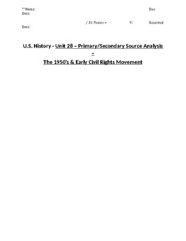 Preview of U.S. - Primary/Secondary Sources - 15/20 - 1950s & Civil Rights - 11th Grade