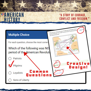Preview of US History Quizzes 17, Colonies, Revolution, Civil War, World Wars, FREE Sample