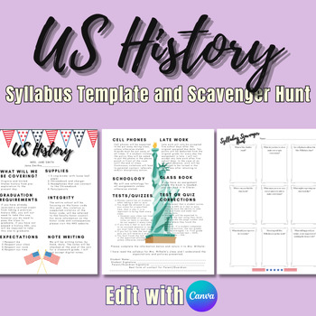 Preview of US History Syllabus Template and Scavenger Hunt | Edit on Canva