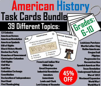 Preview of US History Task Cards Bundle: 13 Colonies, American Revolution, Civil War, WW1-2