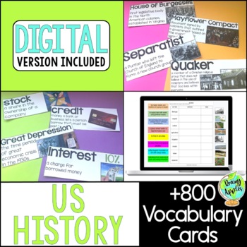 Preview of US History Word Wall, US History Vocabulary Cards, Social Studies Bulletin Board