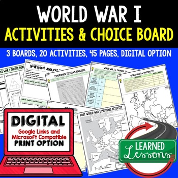 Preview of World War I (WWI) Activities, Choice Board, Print & Digital, Google