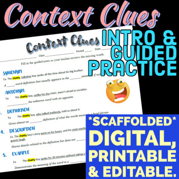 Preview of Scaffolded CONTEXT CLUES Guided Notes & Practice! Digital PDF, DOCX, Easel!