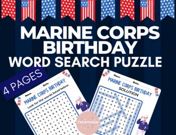 Preview of US Marine Corps Birthday Word Search Puzzle - Patriotic Remembrance Day