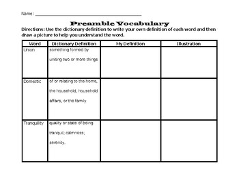 Preview of US Preamble Vocabulary Activity (Modified)