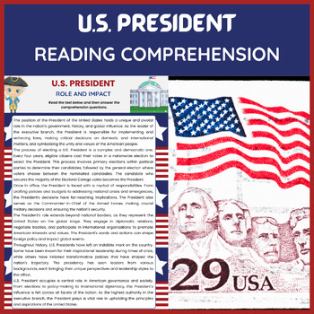 Preview of US President Reading Comprehension Worksheet | Civics and Government Reading