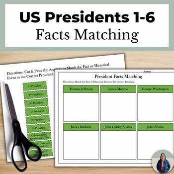 Preview of US Presidents 1-6 Facts Matching Activity for American History and Government