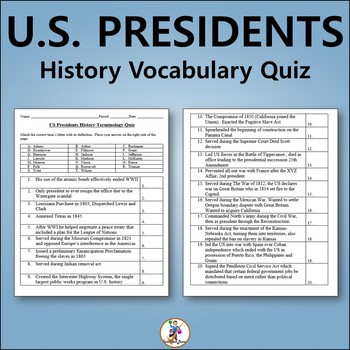 Preview of US Presidents History Vocabulary Quiz - Editable Worksheet