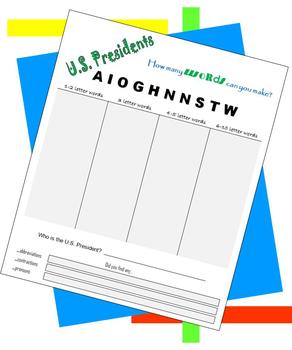 Preview of Friday Fun - US Presidents - How many words can you make?