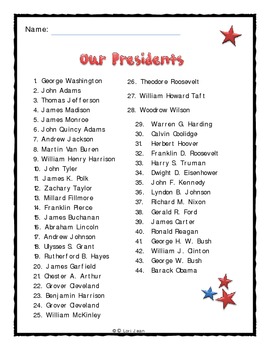 List Of Presidents In Order Printable Francesco Printable