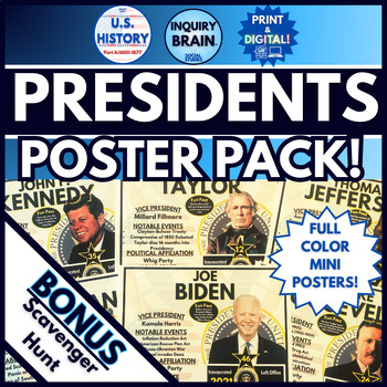 Preview of All 46 US Presidents Poster Pack (11x8) Classroom Decor plus Scavenger Hunt