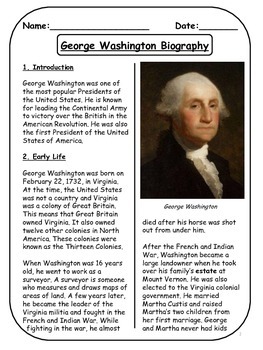 George Washington Biographical Article and Activities for ESL (CCSS