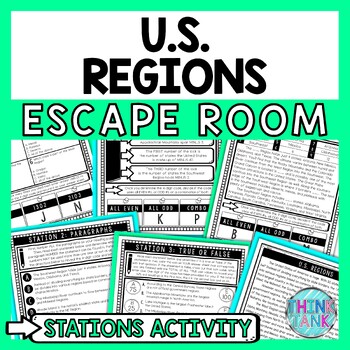 Preview of US Regions Escape Room Stations - Reading Comprehension Activity - Geography