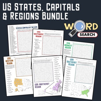Preview of US Regions, States, Capitals Matching Geography Word Search Puzzle Bundle