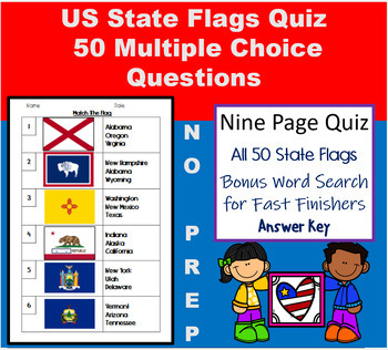 Preview of No Prep US State Flags Quiz - Multiple Choice, Answer Key & BONUS Word Search