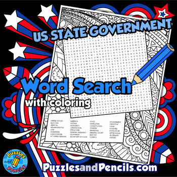 Preview of US State Government Word Search Puzzle Activity with Coloring | Civics