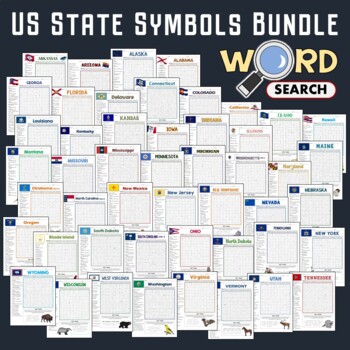 Preview of US State Symbols Word Search Puzzle Activity Worksheets Geography Bundle