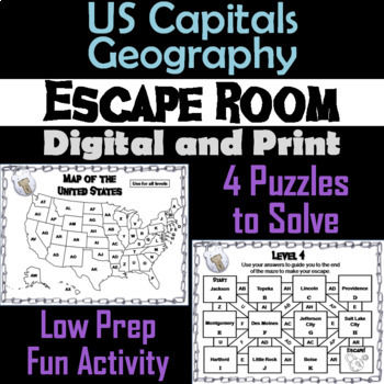 Preview of 50 US States and Capitals Game: Geography Escape Room (Map Skills Quiz Activity)