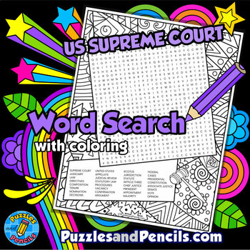 Preview of US Supreme Court Word Search Puzzle Activity Page and Coloring
