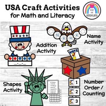 Preview of US Symbols Craft Activities: Math, Literacy (Name, Shape, Addition Frame, Count)