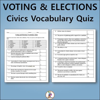 Preview of US Voting & Elections Civics History Vocabulary Quiz