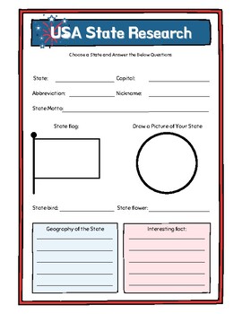 Preview of USA 50 State Research Elementary Geography Worksheet