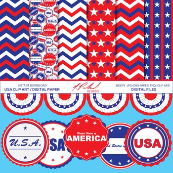 Preview of USA Digital Paper and Clip Art -  digital paper pack and clipart - America