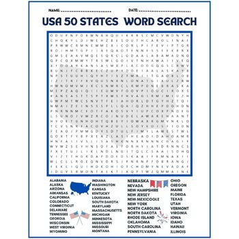 USA Geography Worksheet - All 50 (Fifty) US States Word Search Puzzle ...
