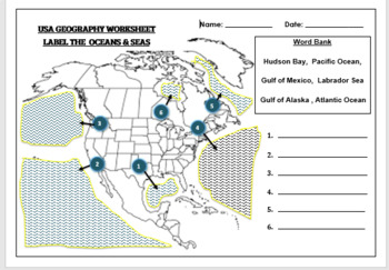 Preview of USA Geography worksheet: Label the Oceans and Seas