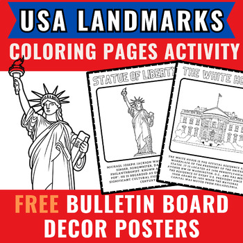 Preview of USA LANDMARKS Posters For Bulletin Board Decor | Coloring Pages Activity FREE