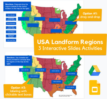 Preview of USA Landforms and Geographical Regions - drag-and-drop, labeling map in Slides