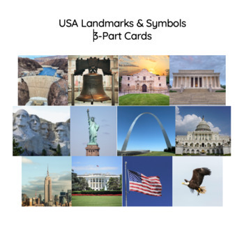 Preview of USA Landmarks & Symbols 3-Part Cards | Montessori | United States Geography