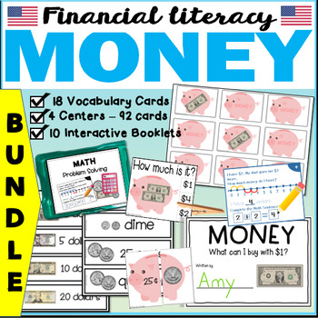 Preview of USA Money - Financial Literacy BUNDLE | Vocabulary + Centers + Writing Booklets