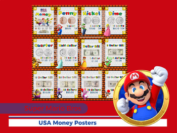 USA Money Posters - coins and 1 to 100 dollar bills - Super Mario Bros