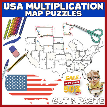 Preview of USA Multiplication Map Math Center Activity Craft Puzzle Game