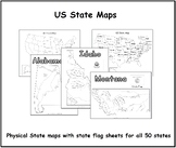 USA Physical State Maps with state flag coloring sheets