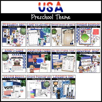 Preview of USA Preschool Activities - Literacy Centers, Math Centers, & Dramatic Play