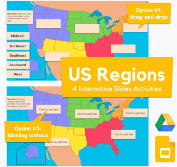 Preview of USA Regions Map - drag-and-drop, labeling activity in Slides