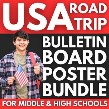 Preview of USA Road Trip Bulletin Board BUNDLE | 40 Travel Themed Classroom Decor Posters