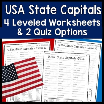 Preview of State Capitals | 4 Worksheets & 2 Quiz (Tests) USA States and Capitals Practice