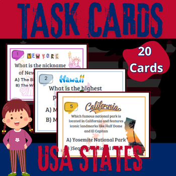 Preview of USA State Task Cards | Maps Activities | Fun Two-Choice Questions | 20 Cards